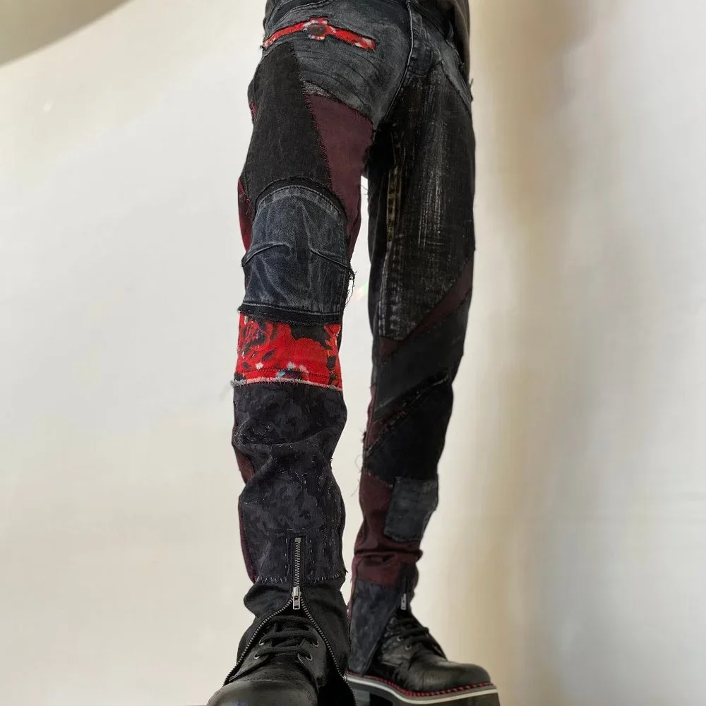 Acid Washed Black & Grey jeans with Metallic silver and CRIMSON Rose Tie Dye - Picture 16 of 17